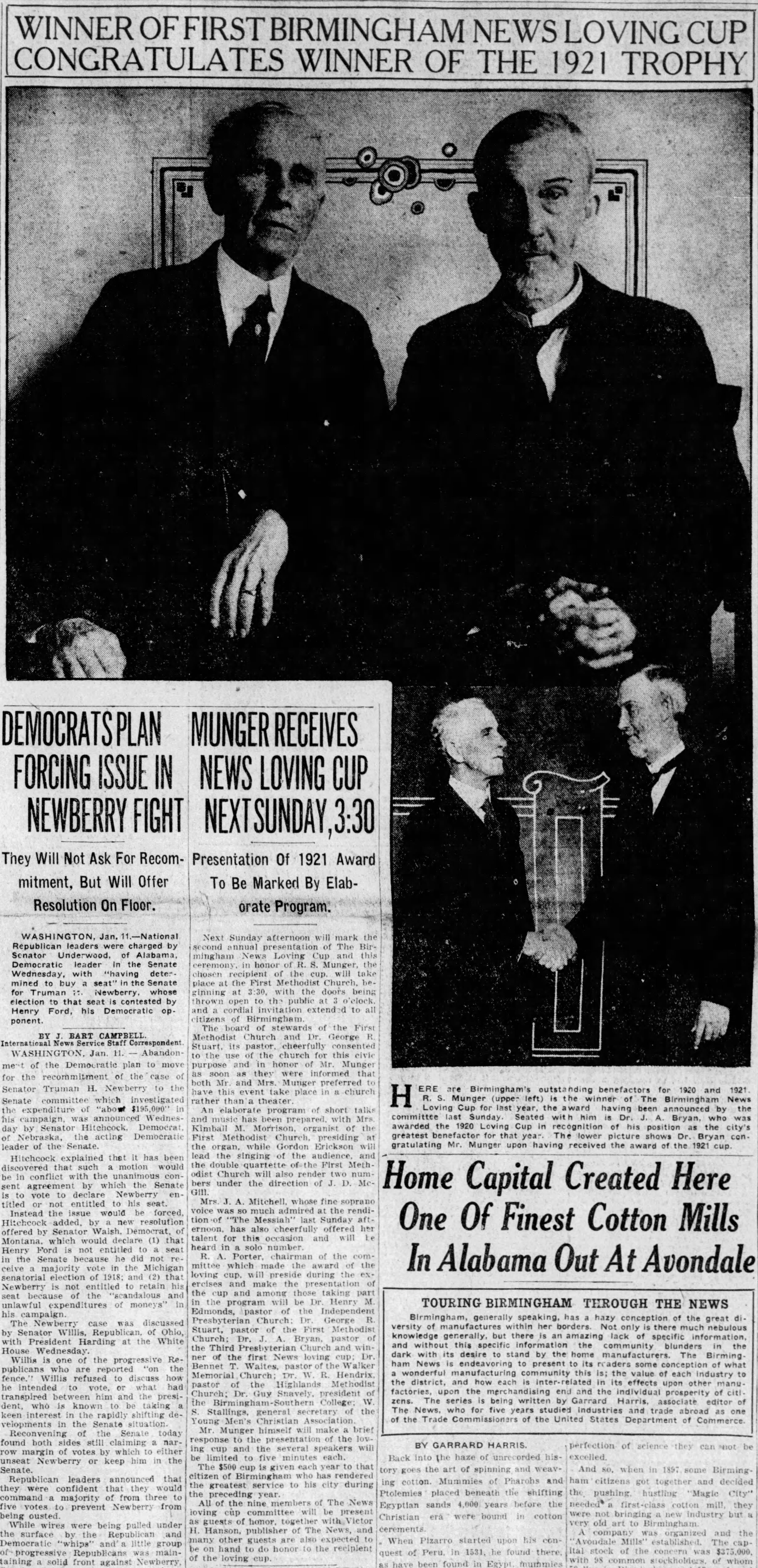 Winner of First Birmingham News Loving Cup Congratulates Winner of the 1921 Trophy